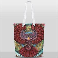 Colorful Owl Art Red Owl Full Print Rope Handle Tote (small) by Bedest
