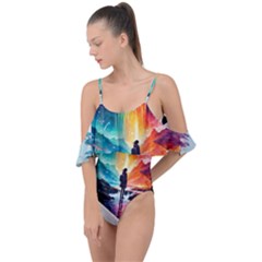 Starry Night Wanderlust: A Whimsical Adventure Drape Piece Swimsuit by stine1