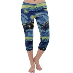Spaceship Starry Night Van Gogh Painting Capri Yoga Leggings by Maspions