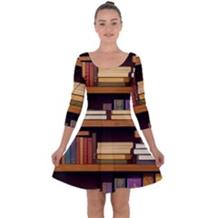 Book Nook Books Bookshelves Comfortable Cozy Literature Library Study Reading Room Fiction Entertain Quarter Sleeve Skater Dress by Maspions