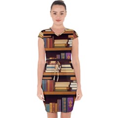 Book Nook Books Bookshelves Comfortable Cozy Literature Library Study Reading Room Fiction Entertain Capsleeve Drawstring Dress  by Maspions