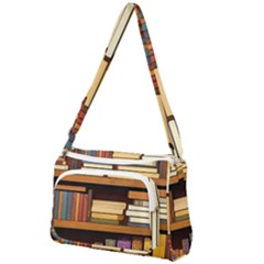 Book Nook Books Bookshelves Comfortable Cozy Literature Library Study Reading Room Fiction Entertain Front Pocket Crossbody Bag by Maspions