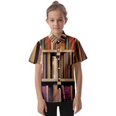 Books Bookshelves Office Fantasy Background Artwork Book Cover Apothecary Book Nook Literature Libra Kids  Short Sleeve Shirt by Grandong