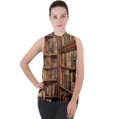 Room Interior Library Books Bookshelves Reading Literature Study Fiction Old Manor Book Nook Reading Mock Neck Chiffon Sleeveless Top by Grandong
