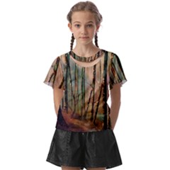 Woodland Woods Forest Trees Nature Outdoors Mist Moon Background Artwork Book Kids  Front Cut T-shirt by Grandong