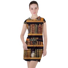 Room Interior Library Books Bookshelves Reading Literature Study Fiction Old Manor Book Nook Reading Drawstring Hooded Dress by Grandong