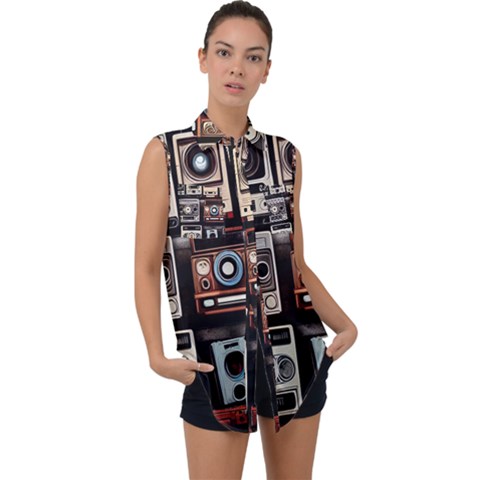 Retro Cameras Old Vintage Antique Technology Wallpaper Retrospective Sleeveless Chiffon Button Shirt by Grandong