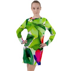 Watercolor Flowers Leaves Foliage Nature Floral Spring Long Sleeve Hoodie Dress by Maspions
