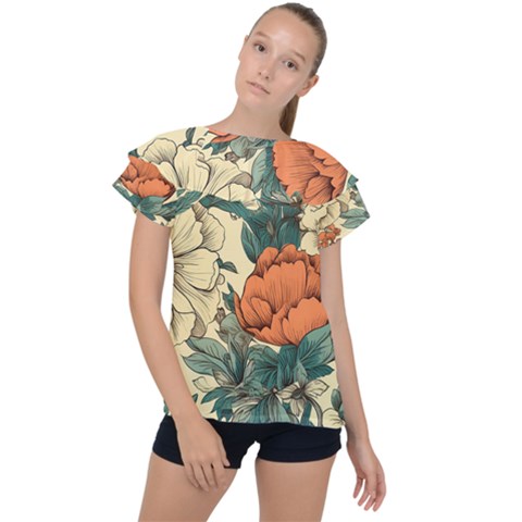 Flowers Pattern Texture Art Colorful Nature Painting Surface Vintage Ruffle Collar Chiffon Blouse by Maspions