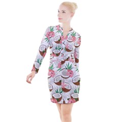 Seamless Pattern Coconut Piece Palm Leaves With Pink Hibiscus Button Long Sleeve Dress by Apen