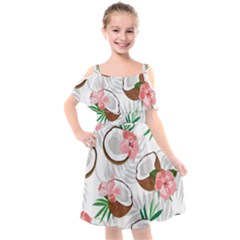 Seamless Pattern Coconut Piece Palm Leaves With Pink Hibiscus Kids  Cut Out Shoulders Chiffon Dress by Apen