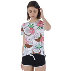 Seamless Pattern Coconut Piece Palm Leaves With Pink Hibiscus Short Sleeve Open Back T-shirt by Apen