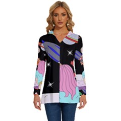 Girl Bed Space Planets Spaceship Rocket Astronaut Galaxy Universe Cosmos Woman Dream Imagination Bed Long Sleeve Drawstring Hooded Top by Maspions