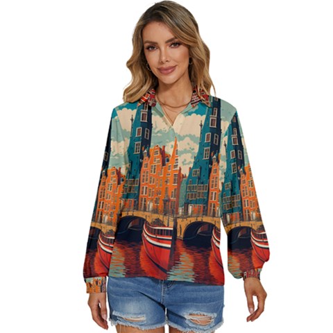 London England Bridge Europe Buildings Architecture Vintage Retro Town City Women s Long Sleeve Button Up Shirt by Maspions