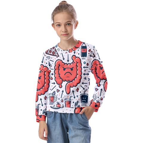 Health Gut Health Intestines Colon Body Liver Human Lung Junk Food Pizza Kids  Long Sleeve T-shirt With Frill  by Maspions