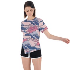 Waves Ocean Sea Water Pattern Rough Seas Digital Art Nature Nautical Asymmetrical Short Sleeve Sports T-shirt by Bedest