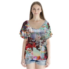 Digital Computer Technology Office Information Modern Media Web Connection Art Creatively Colorful C V-neck Flutter Sleeve Top by Maspions
