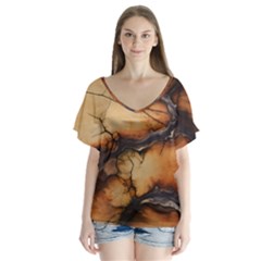 Texture Woodgrain Pattern Nature Wood Pattern V-neck Flutter Sleeve Top by Maspions