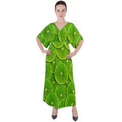 Lime Textures Macro, Tropical Fruits, Citrus Fruits, Green Lemon Texture V-neck Boho Style Maxi Dress by nateshop