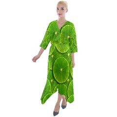 Lime Textures Macro, Tropical Fruits, Citrus Fruits, Green Lemon Texture Quarter Sleeve Wrap Front Maxi Dress by nateshop