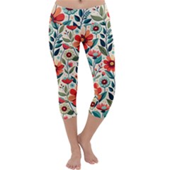 Flowers Flora Floral Background Pattern Nature Seamless Bloom Background Wallpaper Spring Capri Yoga Leggings by Maspions