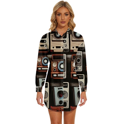 Retro Cameras Old Vintage Antique Technology Wallpaper Retrospective Womens Long Sleeve Shirt Dress by Grandong