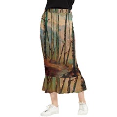 Woodland Woods Forest Trees Nature Outdoors Mist Moon Background Artwork Book Maxi Fishtail Chiffon Skirt by Posterlux