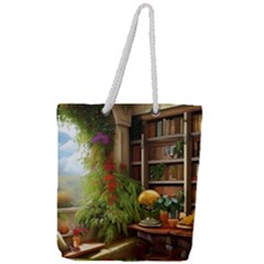 Room Interior Library Books Bookshelves Reading Literature Study Fiction Old Manor Book Nook Reading Full Print Rope Handle Tote (large) by Posterlux