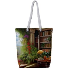 Room Interior Library Books Bookshelves Reading Literature Study Fiction Old Manor Book Nook Reading Full Print Rope Handle Tote (small) by Posterlux