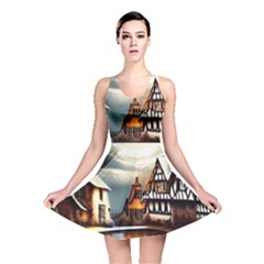 Village Reflections Snow Sky Dramatic Town House Cottages Pond Lake City Reversible Skater Dress by Posterlux