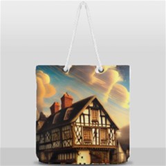 Village House Cottage Medieval Timber Tudor Split Timber Frame Architecture Town Twilight Chimney Full Print Rope Handle Tote (large) by Posterlux