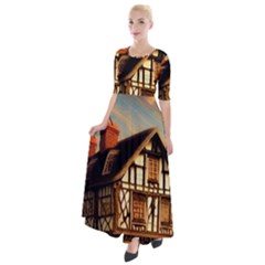 Village House Cottage Medieval Timber Tudor Split Timber Frame Architecture Town Twilight Chimney Half Sleeves Maxi Dress by Posterlux