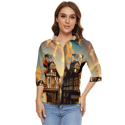 Village House Cottage Medieval Timber Tudor Split Timber Frame Architecture Town Twilight Chimney Women s Quarter Sleeve Pocket Shirt by Posterlux