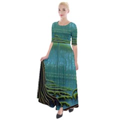 Boat Canoe Swamp Bayou Roots Moss Log Nature Scene Landscape Water Lake Setting Abandoned Rowboat Fi Half Sleeves Maxi Dress by Posterlux