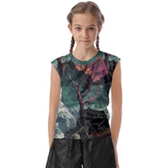 Night Sky Nature Tree Night Landscape Forest Galaxy Fantasy Dark Sky Planet Kids  Raglan Cap Sleeve T-shirt by Posterlux