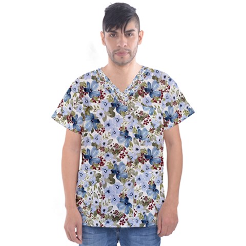 Blue Flowers Men s V-neck Scrub Top by DinkovaArt