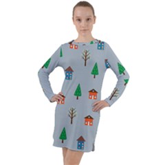 House Trees Pattern Background Long Sleeve Hoodie Dress by Maspions