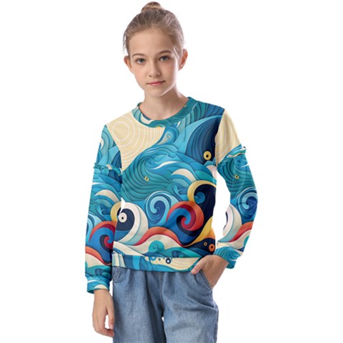 Waves Wave Ocean Sea Abstract Whimsical Kids  Long Sleeve T-shirt With Frill  by Maspions