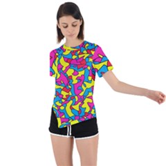 Colorful-graffiti-pattern-blue-background Asymmetrical Short Sleeve Sports T-shirt by designsbymallika