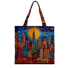 City New York Nyc Skyscraper Skyline Downtown Night Business Urban Travel Landmark Building Architec Zipper Grocery Tote Bag by Posterlux