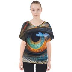 Eye Bird Feathers Vibrant V-neck Dolman Drape Top by Hannah976