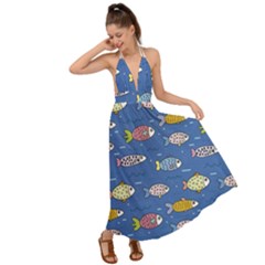 Sea Fish Blue Submarine Animals Patteen Backless Maxi Beach Dress by Maspions