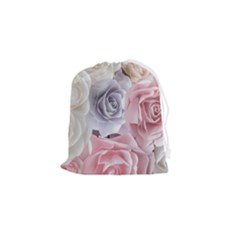 Pastel Rose  Flower Blue Pink White Drawstring Pouch (small) by Cemarart