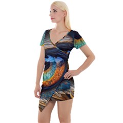 Eye Bird Feathers Vibrant Short Sleeve Asymmetric Mini Dress by Hannah976