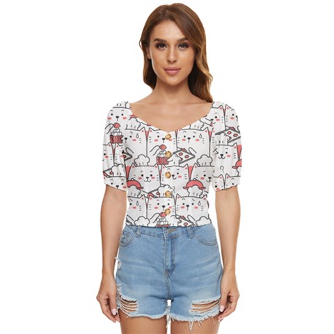 Cute Cat Chef Cooking Seamless Pattern Cartoon Button Up Blouse by Bedest