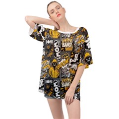 Boom Bang Art Crazy Drawing Graffiti Hello Retro Sayings Yellow Oversized Chiffon Top by Bedest