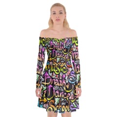 Graffiti Word Seamless Pattern Off Shoulder Skater Dress by Bedest