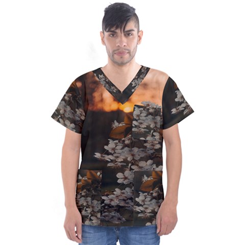 White Flower Men s V-neck Scrub Top by Azkajaya