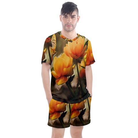 Yellow Butterfly Flower Men s Mesh T-shirt And Shorts Set by Azkajaya