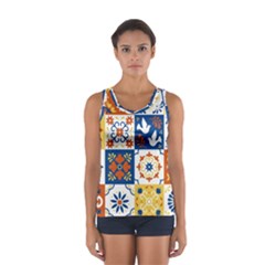 Mexican Talavera Pattern Ceramic Tiles With Flower Leaves Bird Ornaments Traditional Majolica Style Sport Tank Top  by Ket1n9